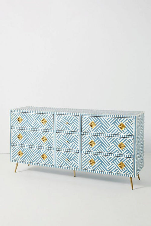 Bone Inlay Optical Inlay Chest of 9 Drawers in Sky Blue