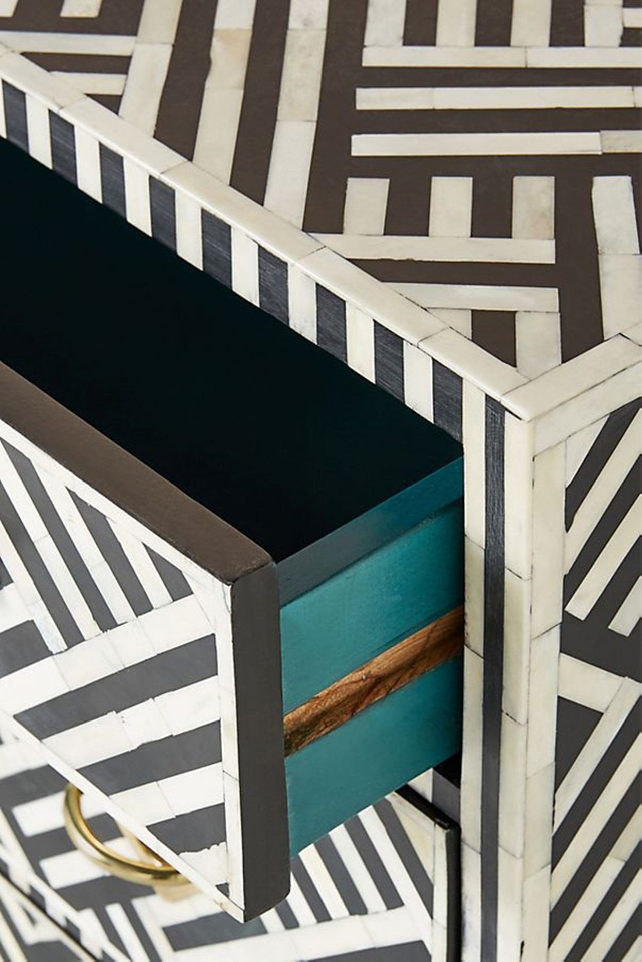 Bone Inlay Chest of 3 Drawers Stripe Line Design in Black Color