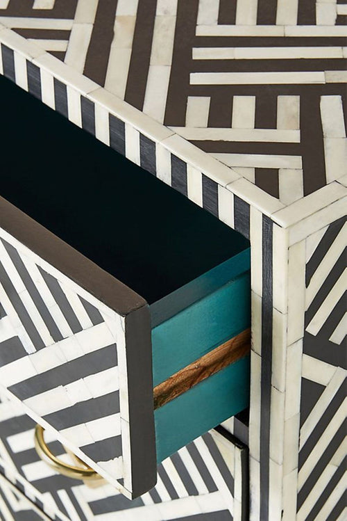 Bone Inlay Chest of 3 Drawers Stripe Line Design in Black Color