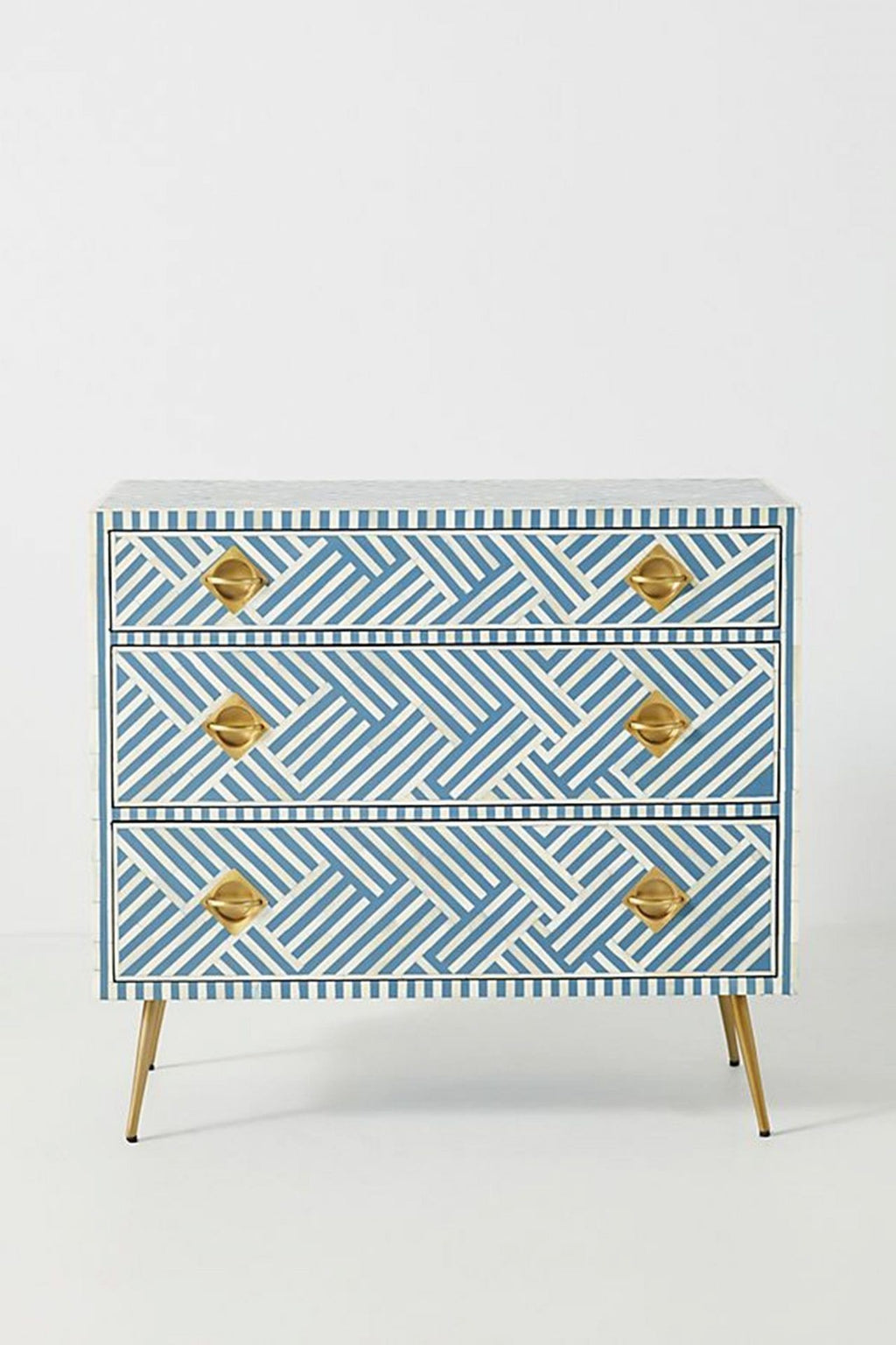 Bone Inlay Chest of 3 Drawers Stripe Line design in Sky Blue Color