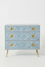 Bone Inlay Chest of 3 Drawers Stripe Line design in Sky Blue Color