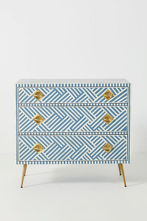 Bone Inlay Chest of 3 Drawers Stripe Line design in Sky Blue Color