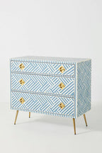 Bone Inlay Chest of 3 Drawers Stripe Line design in Sky Blue Color