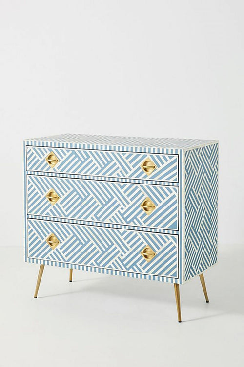 Bone Inlay Chest of 3 Drawers Stripe Line design in Sky Blue Color
