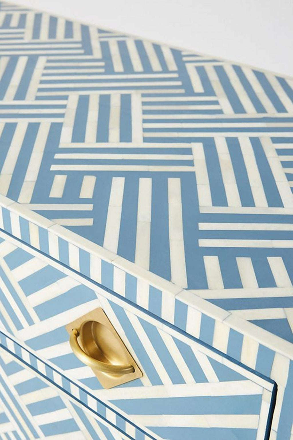 Bone Inlay Chest of 3 Drawers Stripe Line design in Sky Blue Color