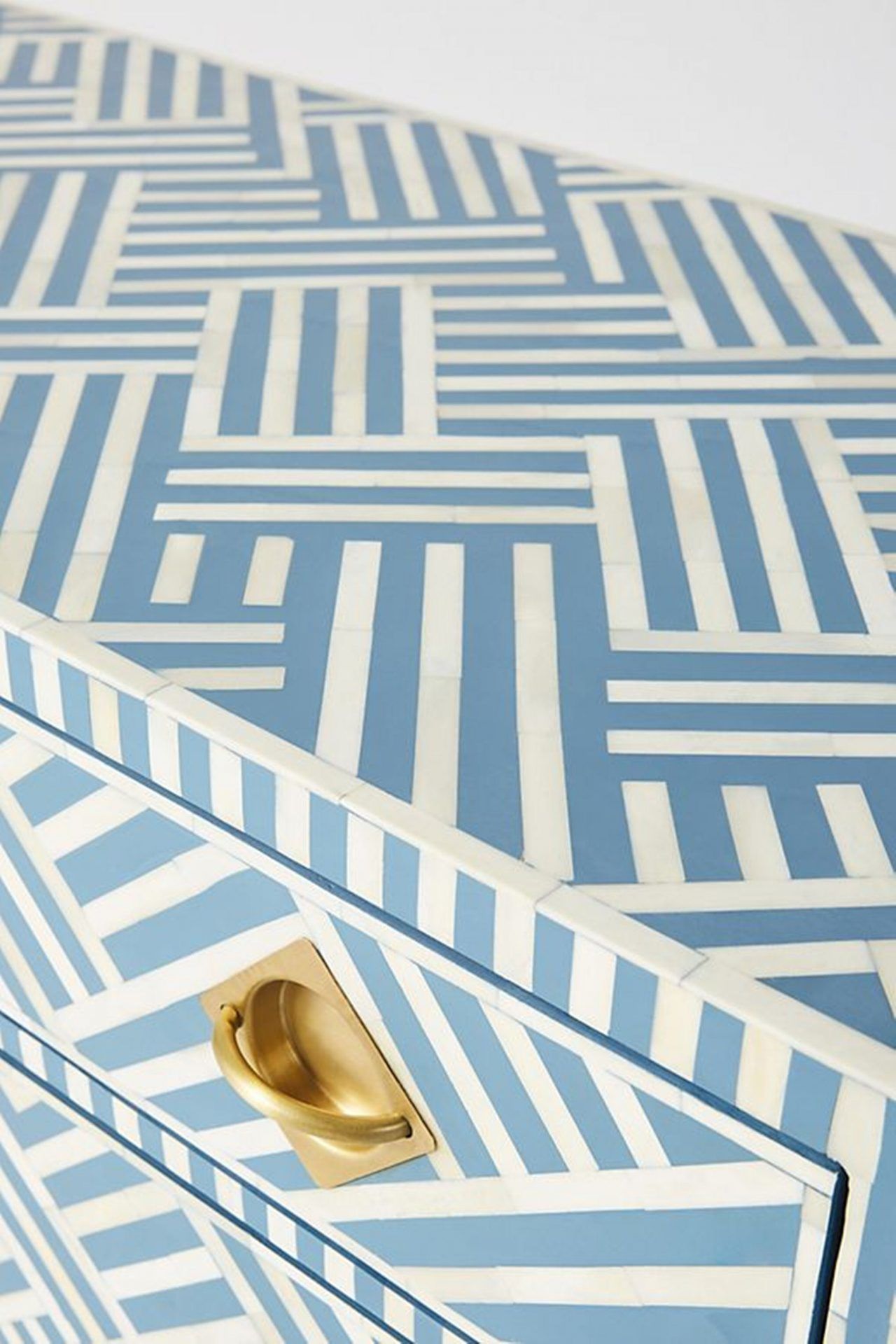 Bone Inlay Chest of 3 Drawers Stripe Line design in Sky Blue Color