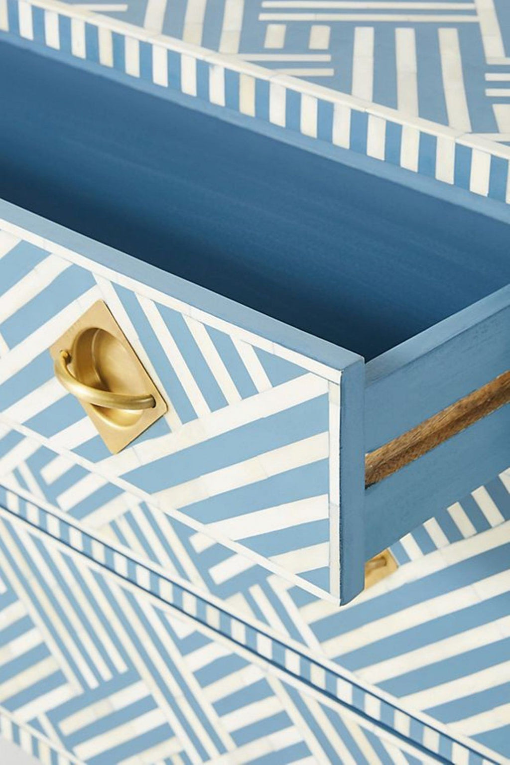 Bone Inlay Chest of 3 Drawers Stripe Line design in Sky Blue Color