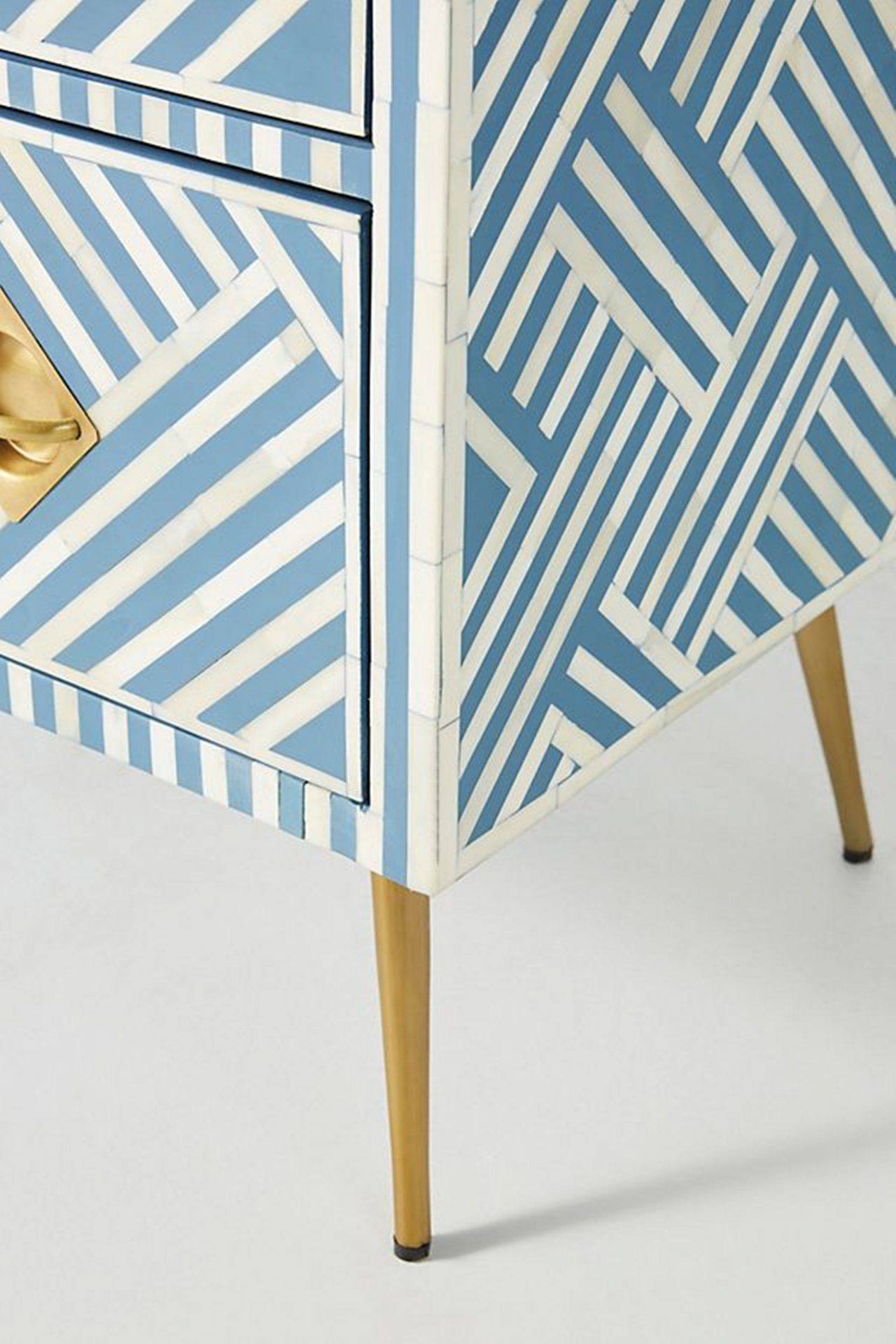 Bone Inlay Chest of 3 Drawers Stripe Line design in Sky Blue Color