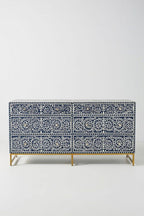 Bone Inlay Chest of 6 Drawers Floral Design in Indigo Blue Color