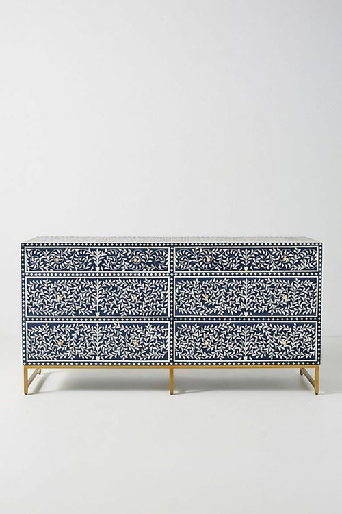 Bone Inlay Chest of 6 Drawers Floral Design in Indigo Blue Color