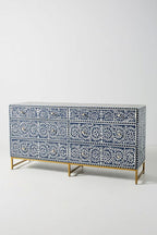 Bone Inlay Chest of 6 Drawers Floral Design in Indigo Blue Color