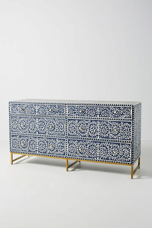 Bone Inlay Chest of 6 Drawers Floral Design in Indigo Blue Color