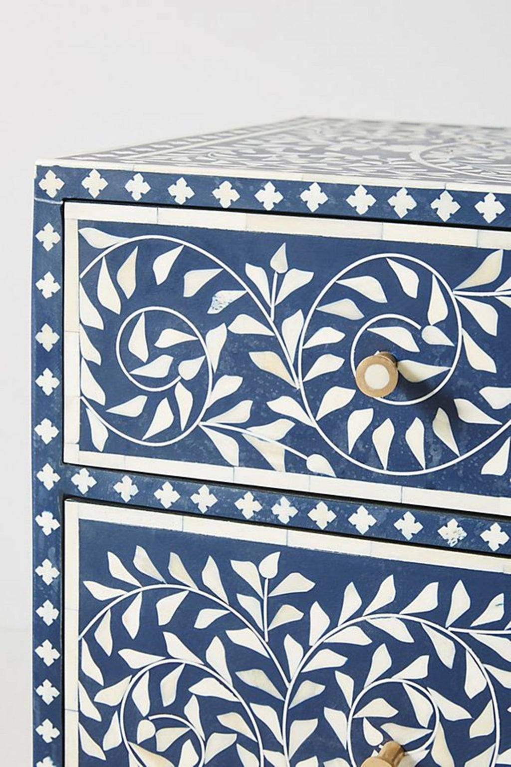 Bone Inlay Chest of 6 Drawers Floral Design in Indigo Blue Color
