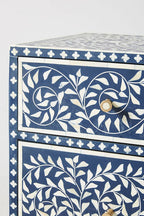 Bone Inlay Chest of 6 Drawers Floral Design in Indigo Blue Color
