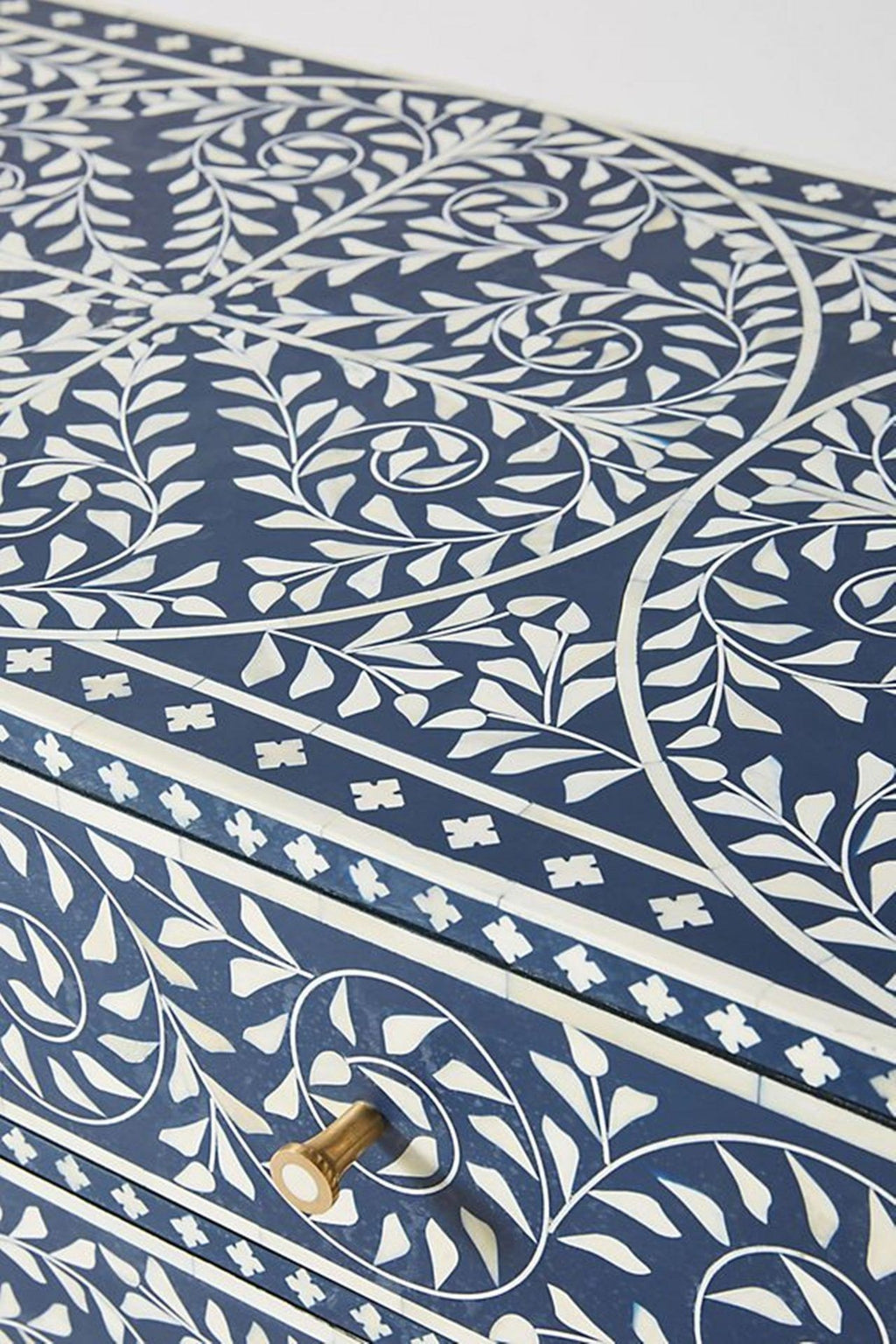 Bone Inlay Chest of 6 Drawers Floral Design in Indigo Blue Color