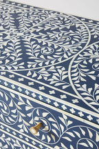Bone Inlay Chest of 6 Drawers Floral Design in Indigo Blue Color
