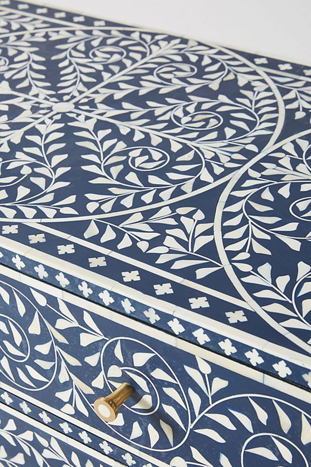 Bone Inlay Chest of 6 Drawers Floral Design in Indigo Blue Color