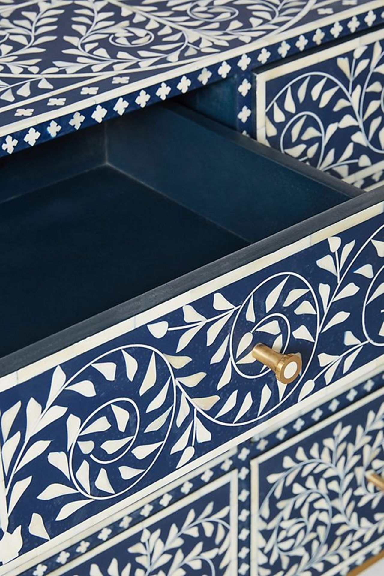 Bone Inlay Chest of 6 Drawers Floral Design in Indigo Blue Color