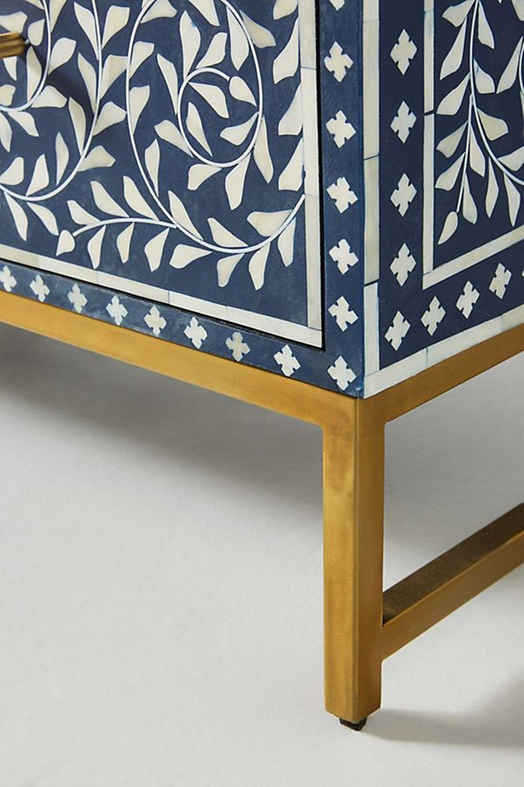 Bone Inlay Chest of 6 Drawers Floral Design in Indigo Blue Color