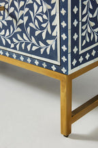 Bone Inlay Chest of 6 Drawers Floral Design in Indigo Blue Color
