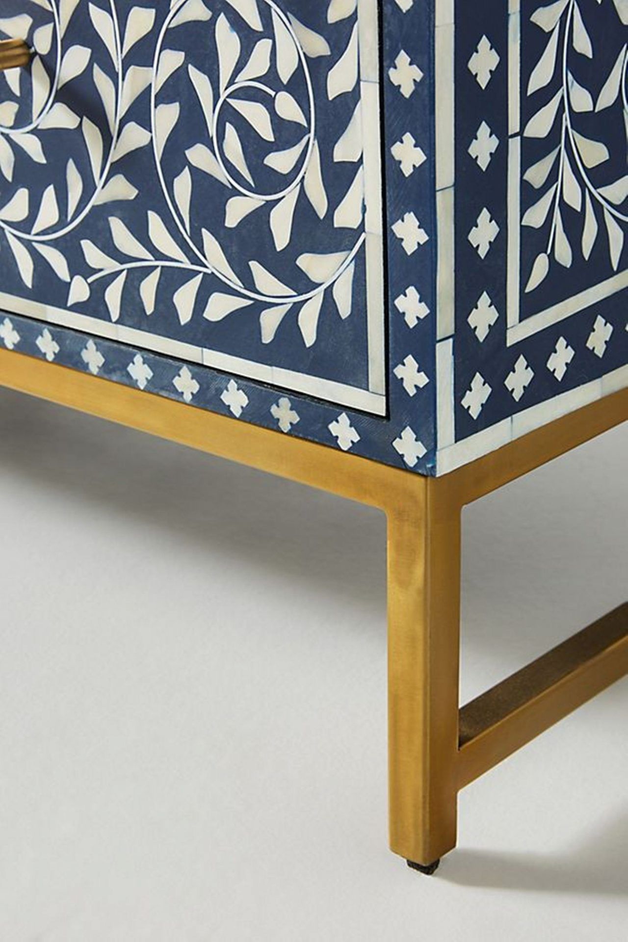 Bone Inlay Chest of 6 Drawers Floral Design in Indigo Blue Color