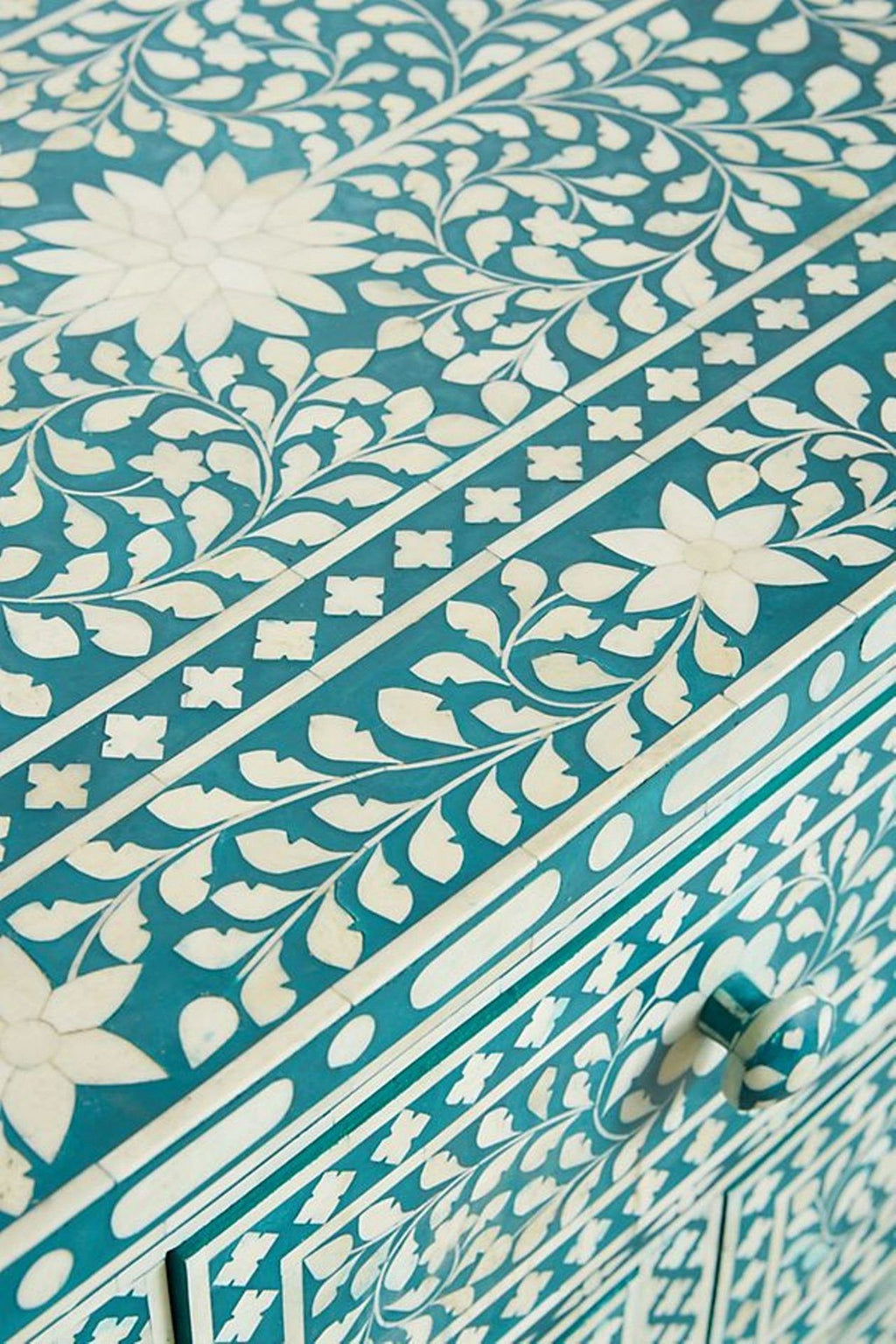 Bone Inlay Chest of 7 Drawers Floral Design in Teal Green Color