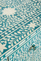 Bone Inlay Chest of 7 Drawers Floral Design in Teal Green Color