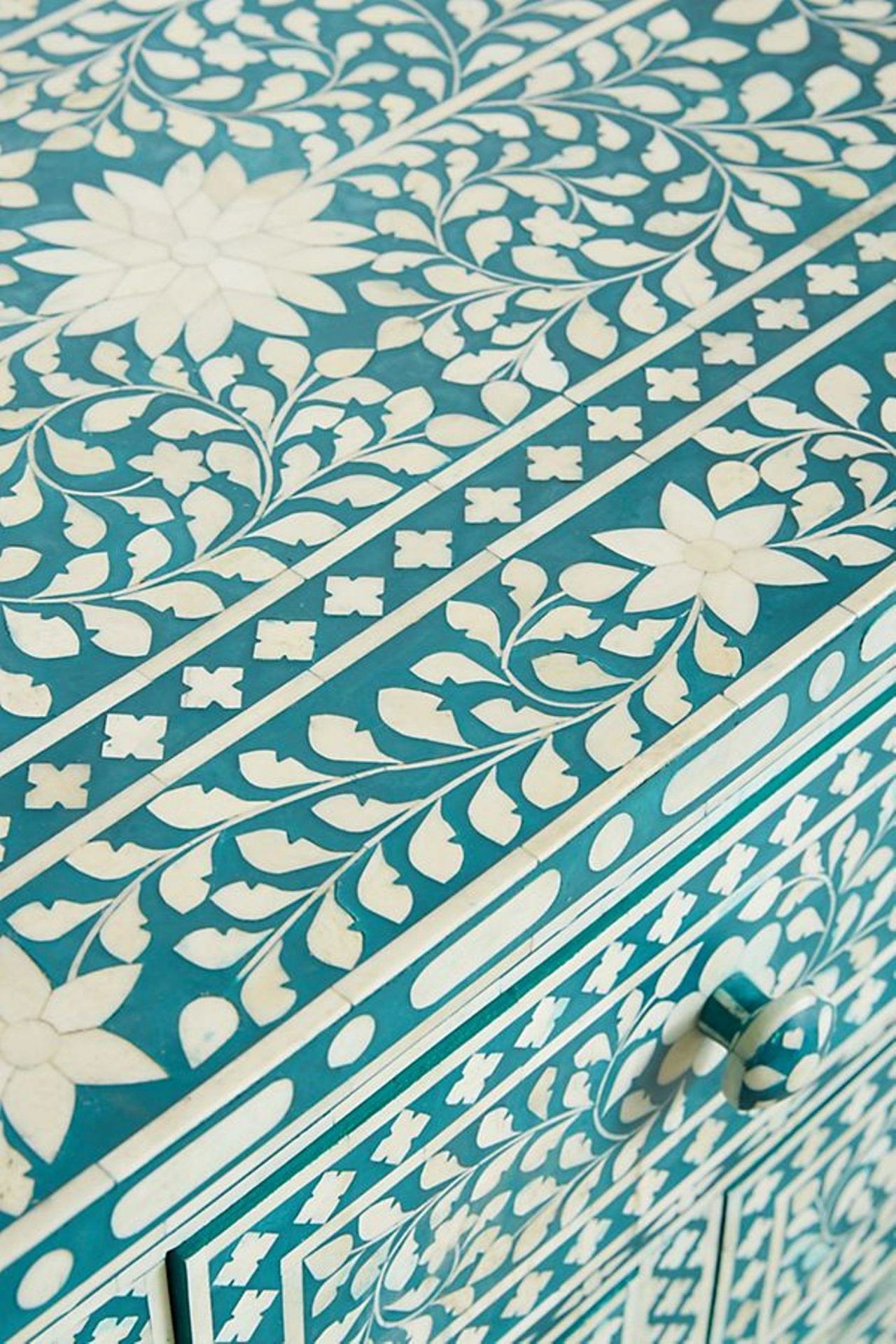 Bone Inlay Chest of 7 Drawers Floral Design in Teal Green Color