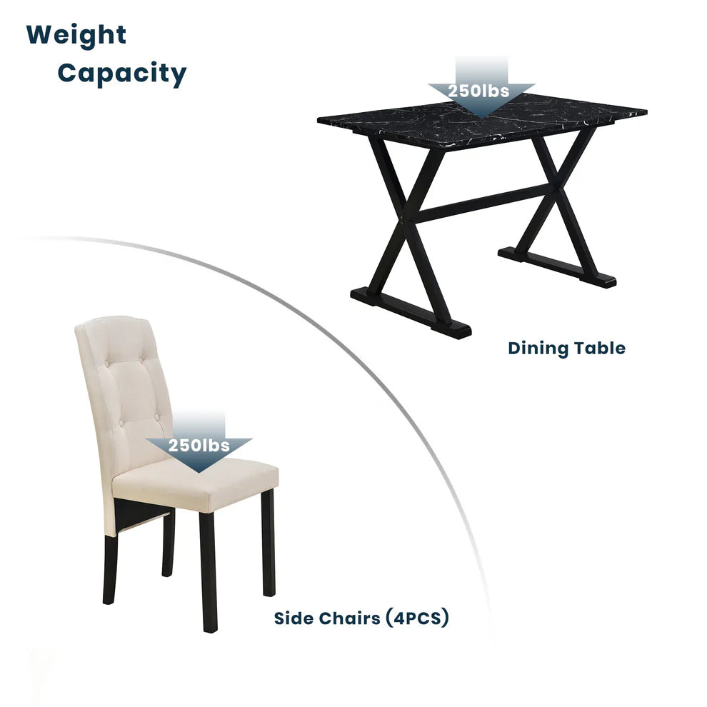 Elegant 5-Piece Solid Wood Dining Set with Faux Marble Top