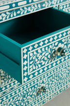 Bone Inlay Chest of 7 Drawers Floral Design in Teal Green Color