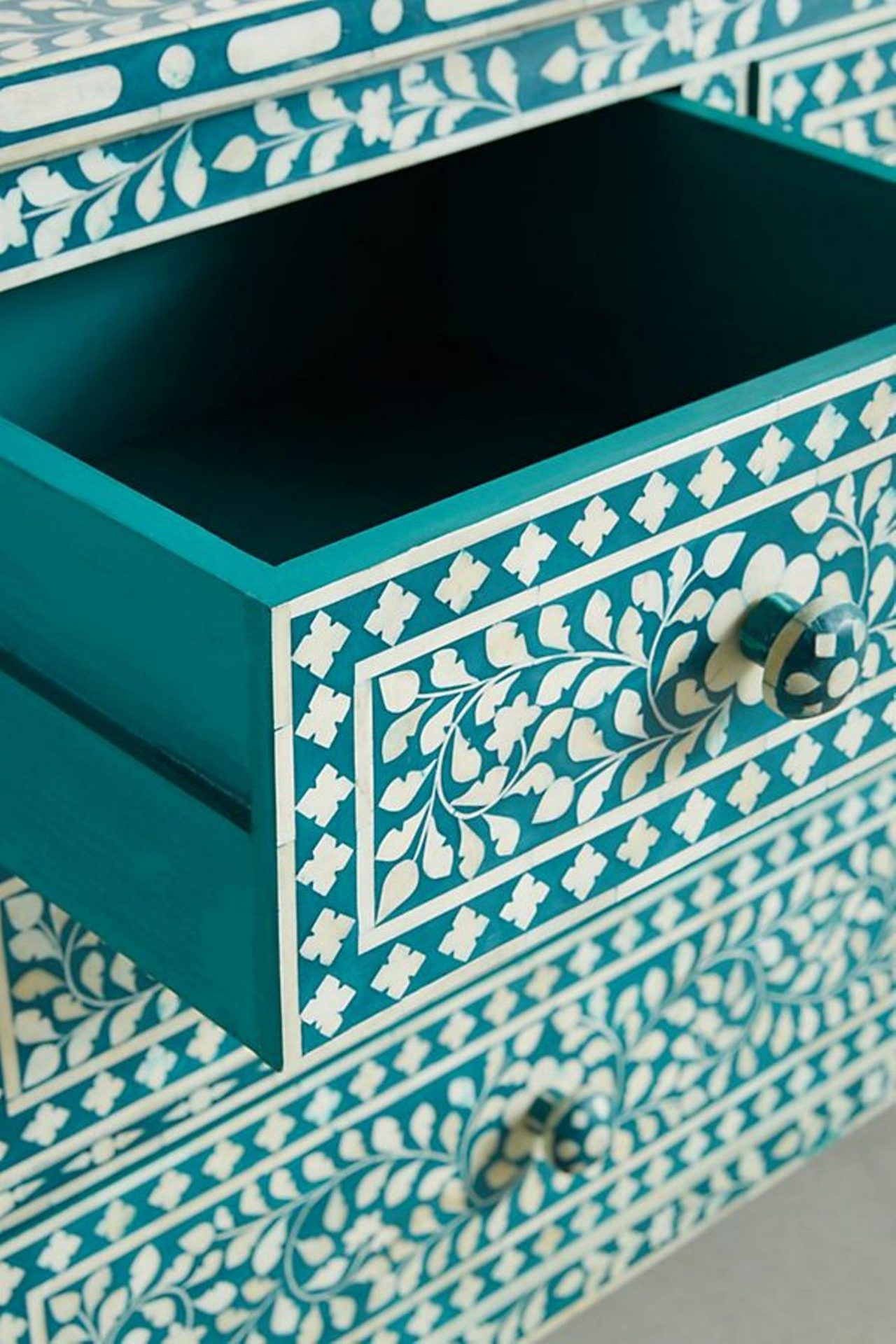 Bone Inlay Chest of 7 Drawers Floral Design in Teal Green Color