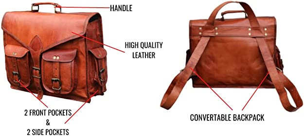 Craftshades – 15 Inch Double Pocket Handcrafted Vintage Messenger Goat Leather Bag For Men | 100% Genuine Leather