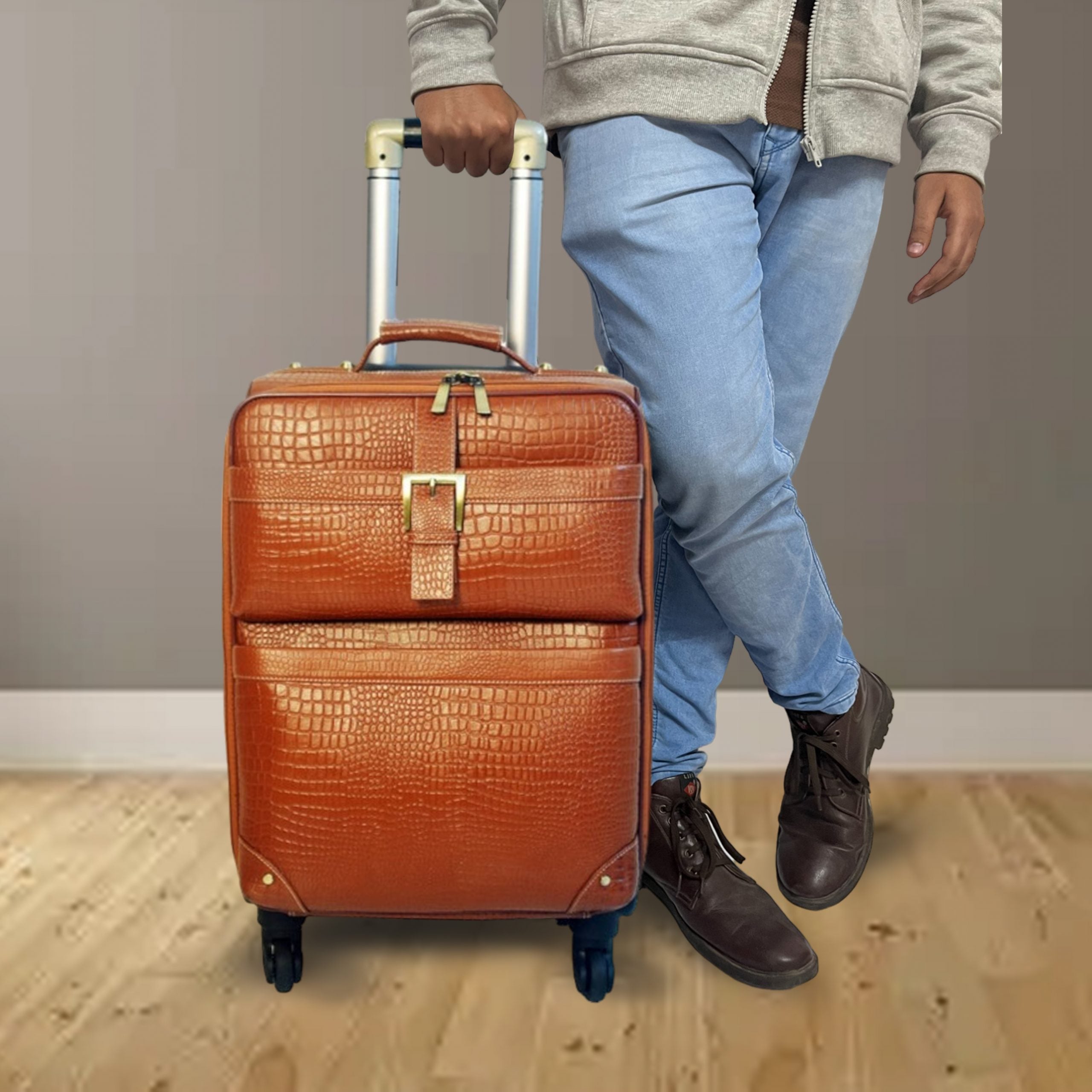 Leather Trolley Travel Bag Weekender Overnight Light Brown Leather Bag With Four Wheels Leather Cabin