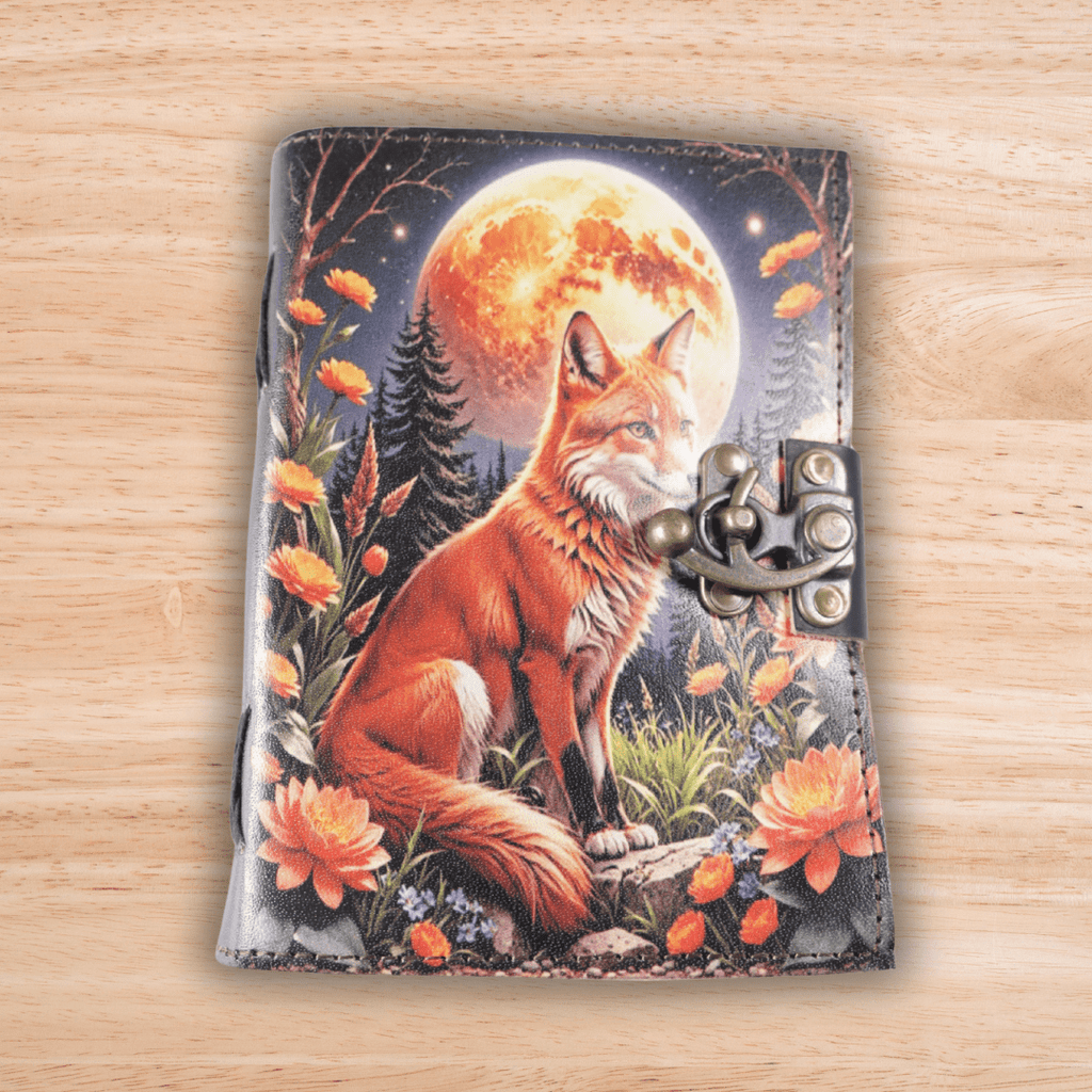 Moonlit Fox Art Leather Diary with Antique Lock