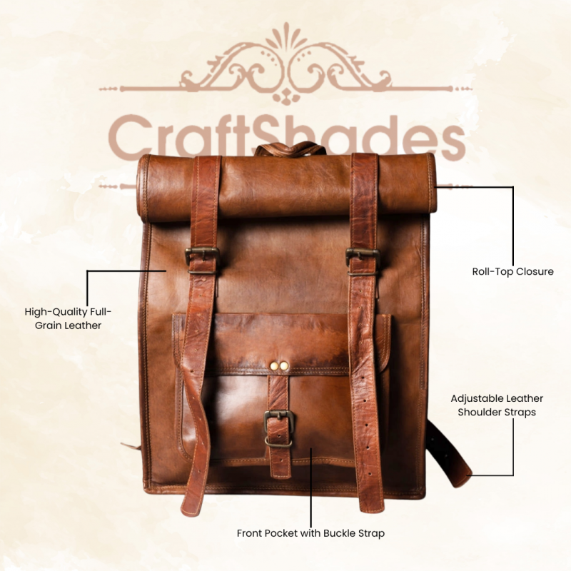 Craftshades –  Roll Top Leather Backpack | 100% Genuine Leather | Unisex