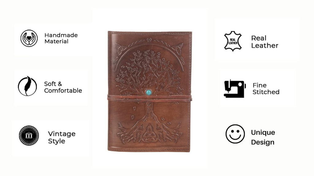 CraftShades - Refillable Leather Diary - Feather with Birds, Leaf of Tree Embossed with Quote 125 GSM Plain 200 Papers Notepad for Men and Women - Size 6 x 8.5 Inch (Tree Embossed)