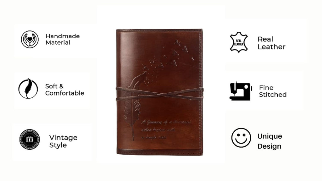 CraftShades - Refillable Leather Diary - Feather with Birds, Leaf of Tree Embossed with Quote 125 GSM Plain 200 Papers Notepad for Men and Women - Size 6 x 8.5 Inch (Leaf Embossed)
