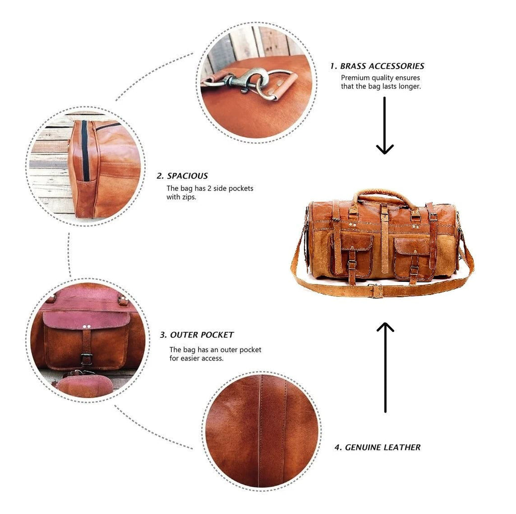Craftshades - 3 Outer Pockets 24" (Expandable) Edge Handcrafted Duffle Goat  Leather Bag