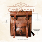 Craftshades - 12 x 16 x 20 Inch 100% Genuine Roll Leather Shoulder Backpack | Unisex