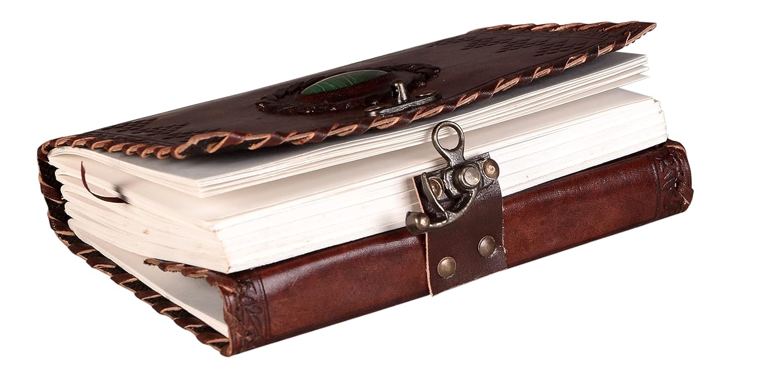 CraftShades - Leather Diary with Antique Green Stone Handmade Leather Bound Diary for Men and Women Unlined 5×7 inches Size 200 Pages Travel Diary with Antique Lock Best Choice of Gift for Raksha Bandhan Day (Green Stone)