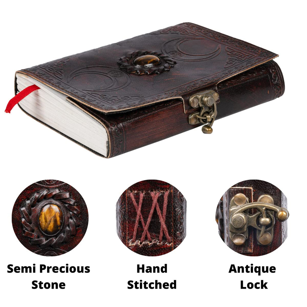 CraftShades - Leather Diary for Men &amp; Women with Semi Precious Stone &amp; Antique Buckle Lock, 240 Unlined 125 GSM Thick Papers Best for Artist Scrapbook, Drawing, Writing Size 5×7 inch (Brown)