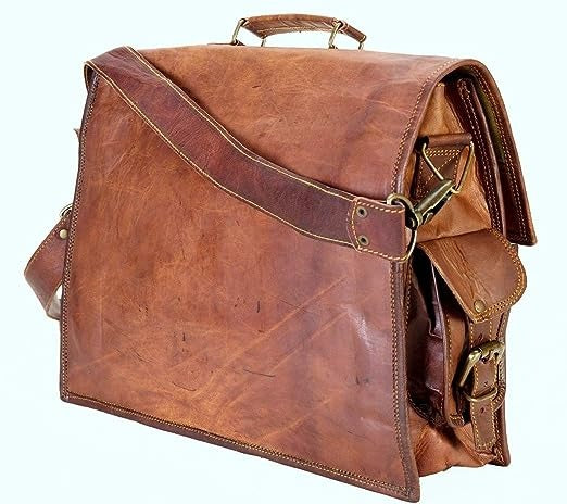 Craftshades – 15 Inch Double Pocket Handcrafted Vintage Messenger Goat Leather Bag For Men | 100% Genuine Leather