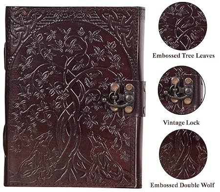 CraftShades- Handmade Leather Diary Embossed with star, journey &amp; double wolf Diary with Antique Lock for Artist Sketchbook, Scrapbook, Drawing, Writing etc .Size 5 * 7 inch (DOUBLE WOLF)