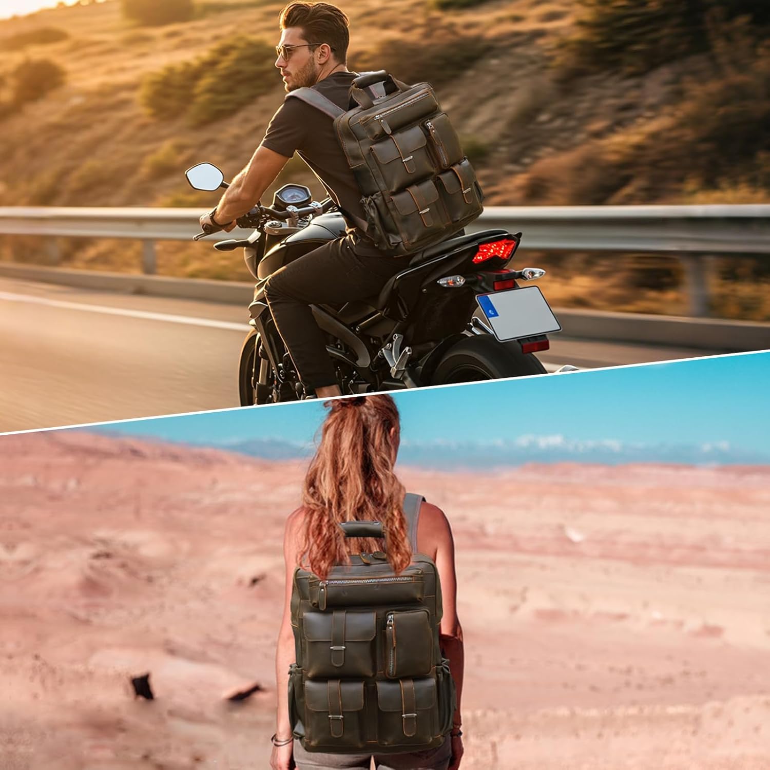 Multi-Pocket Leather Backpack