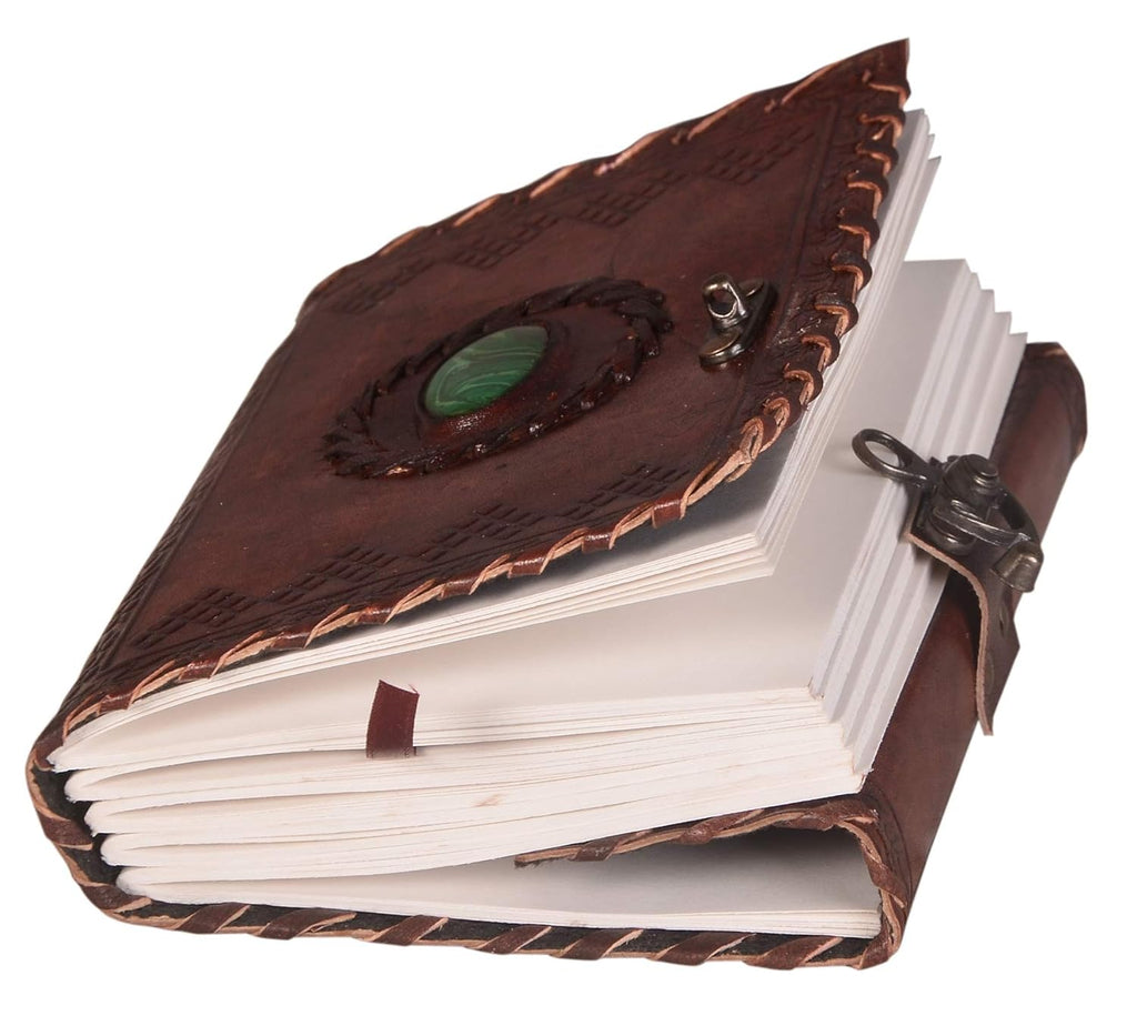 CraftShades - Leather Diary with Antique Green Stone Handmade Leather Bound Diary for Men and Women Unlined 5×7 inches Size 200 Pages Travel Diary with Antique Lock Best Choice of Gift for Raksha Bandhan Day (Green Stone)