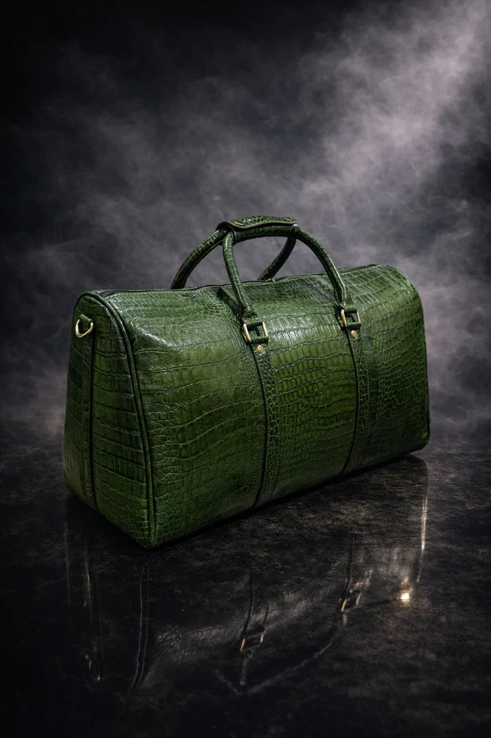 Forest Green Embossed Genuine Leather Duffle Bag