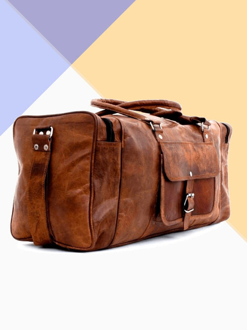 Craftshades -  20 inch 3 Outer Pockets (Expandable) Edge Handcrafted Duffle Goat Leather Bag | 100% Genuine Leather