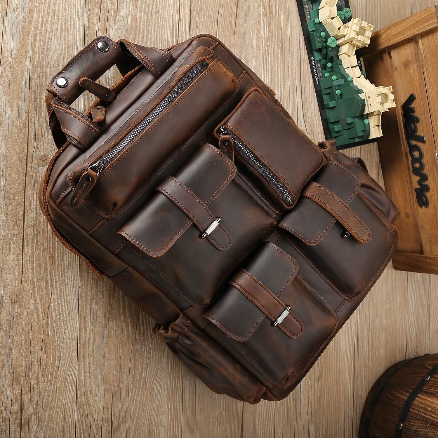 Multi-Pocket Leather Backpack