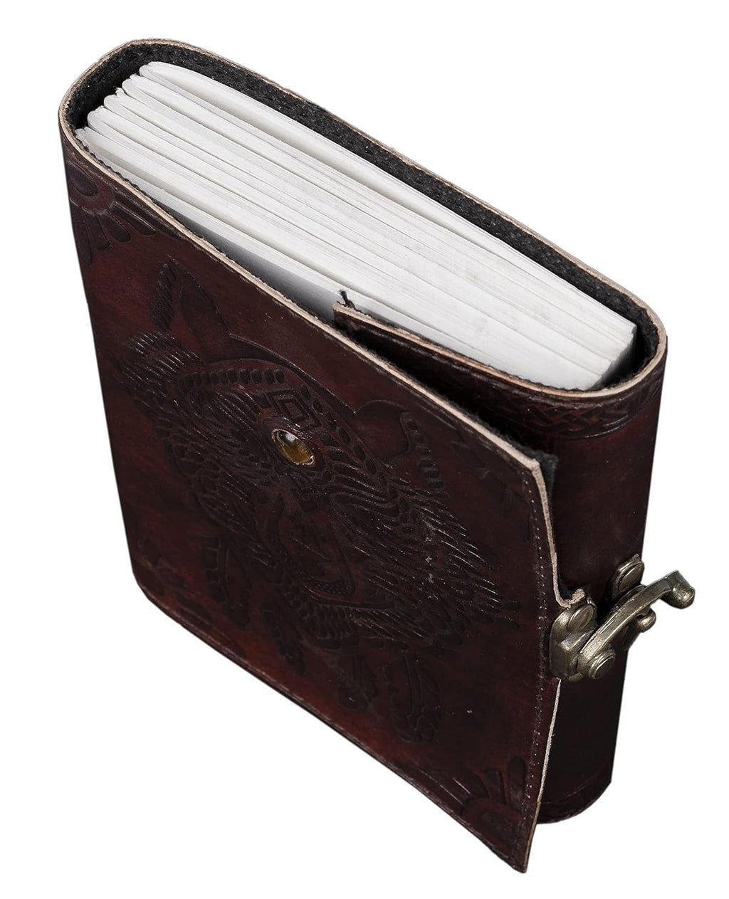 CraftShades- Handmade Leather Diary Embossed with star, journey &amp; double wolf Diary with Antique Lock for Artist Sketchbook, Scrapbook, Drawing, Writing etc .Size 5 * 7 inch (WOLF WITH STONE)