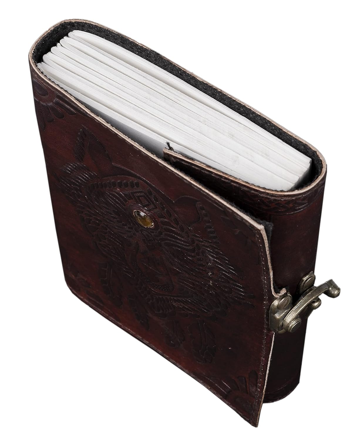 CraftShades- Handmade Leather Diary Embossed with star, journey &amp; double wolf Diary with Antique Lock for Artist Sketchbook, Scrapbook, Drawing, Writing etc .Size 5 * 7 inch (WOLF WITH STONE)